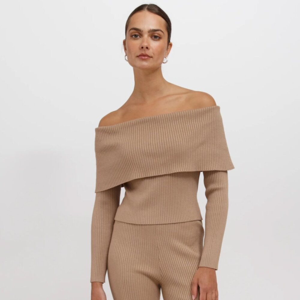 Brunette The Label Elle Rib Knit Off the Shoulder Knit Sweater | NWT